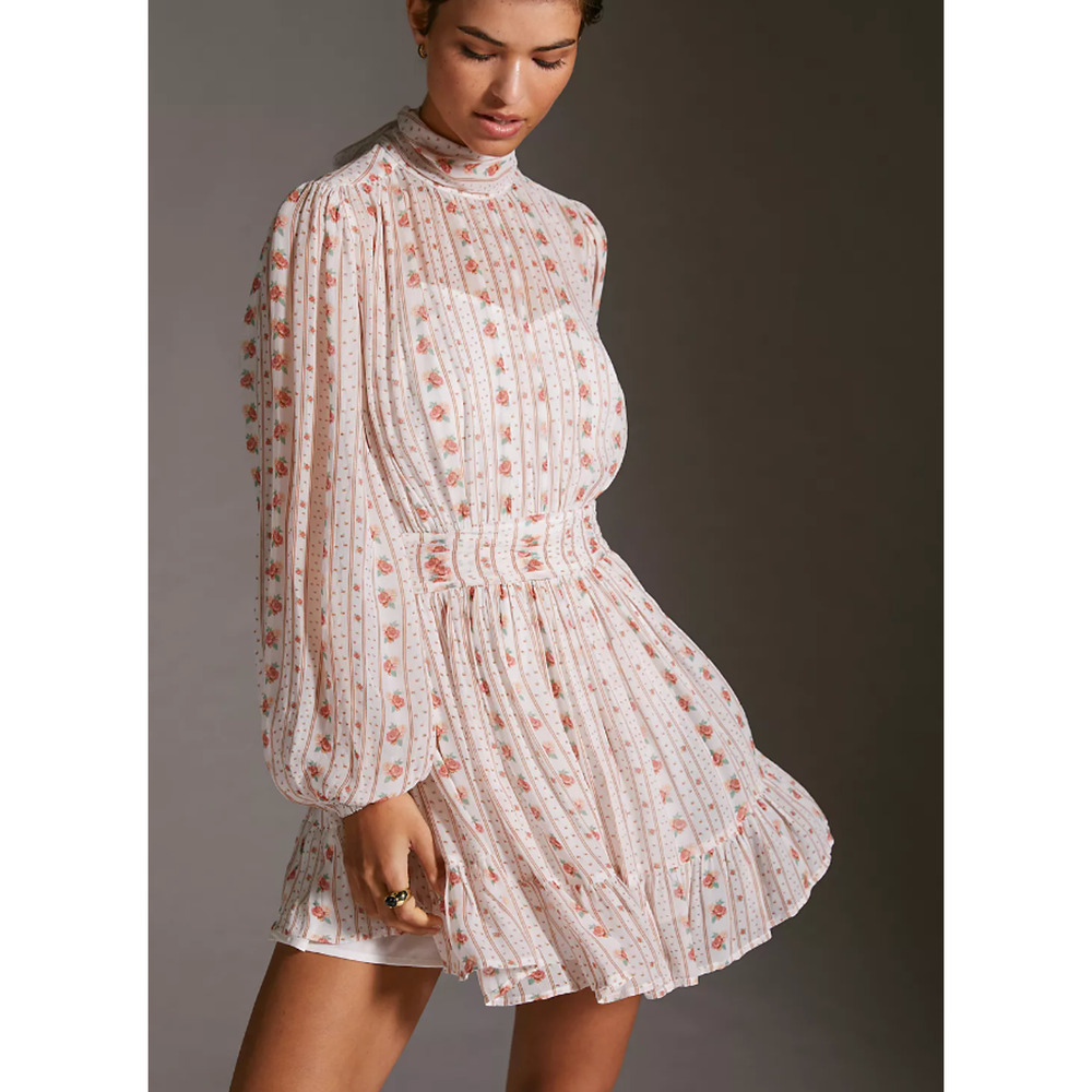 Anthropologie Small White Pink Floral Balloon Sleeve‎ Mini Dress